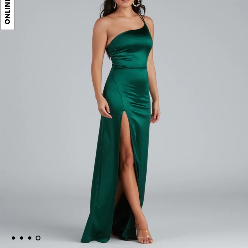 Green Satin Slit Dress